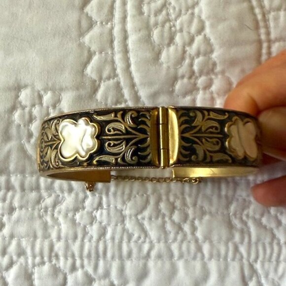 Vintage  Damascene Toledo Spain Bangle Bracelet glass floral design - Picture 1 of 4